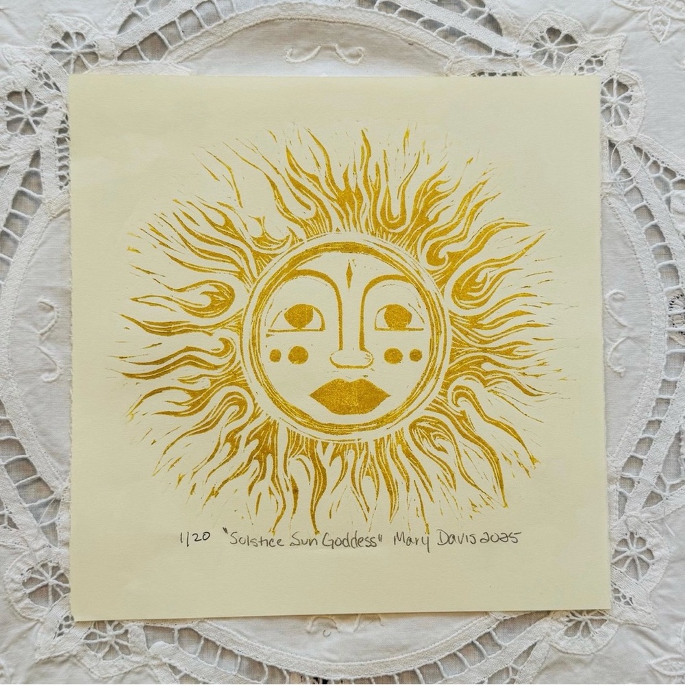 Original Lino cut print, Art in gold ink 8.5” x 8.5” limited edition LAST ONE